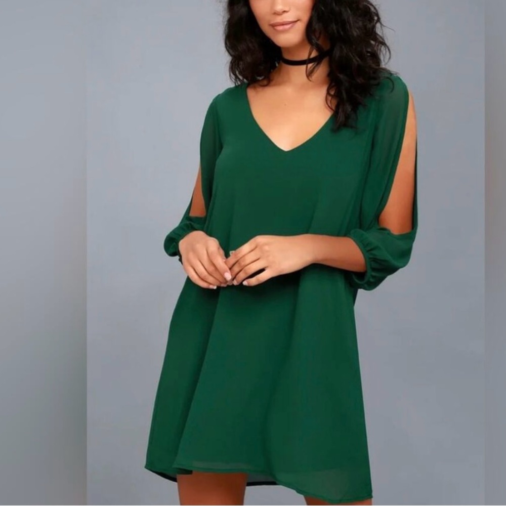 Lulus Shifting Dears Forest Green Split Long Sleeve Dress Size Medium